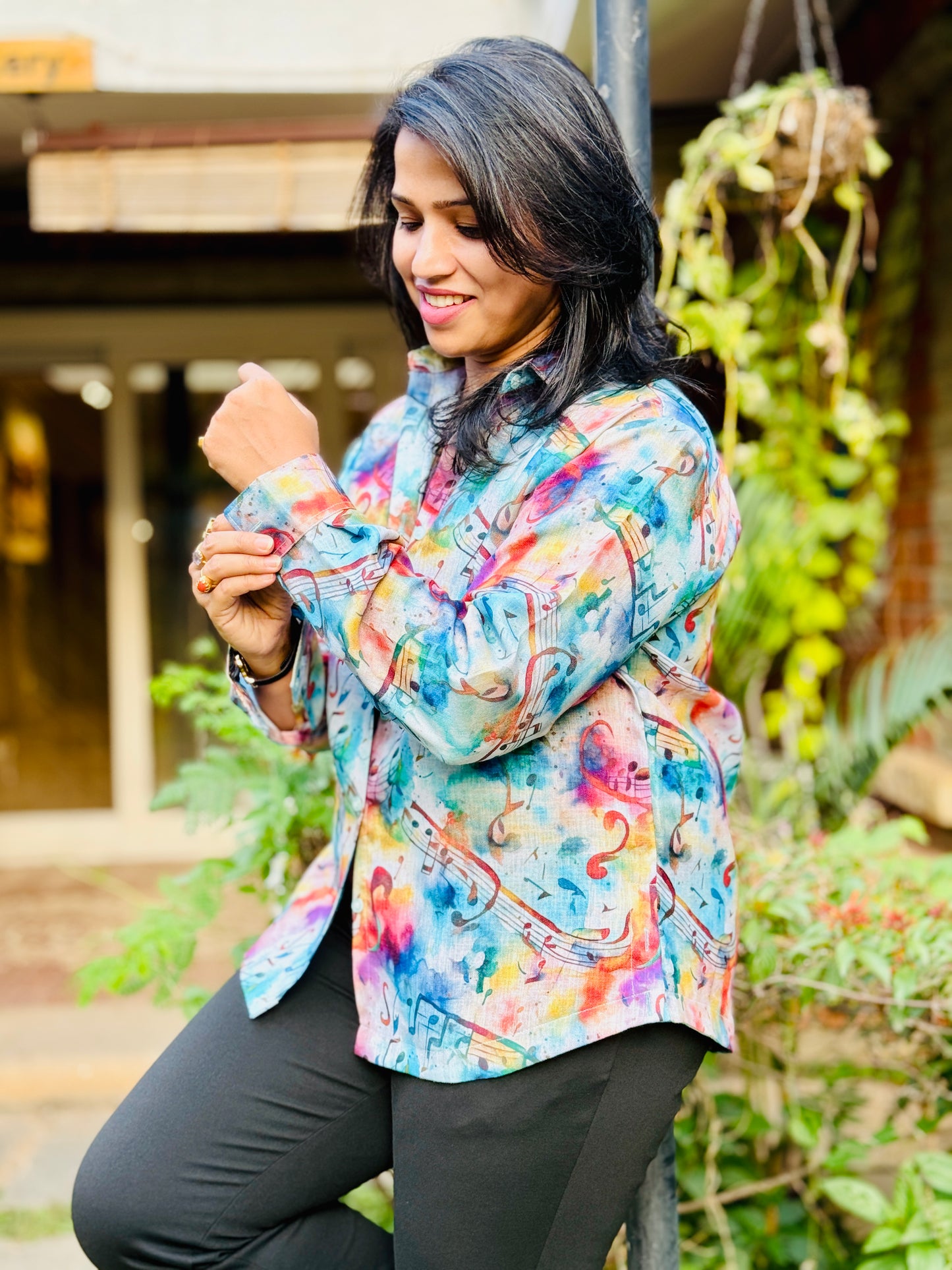 Women’s Blue & Pink 100% Linen Cotton Shirt - Music-Hues Print