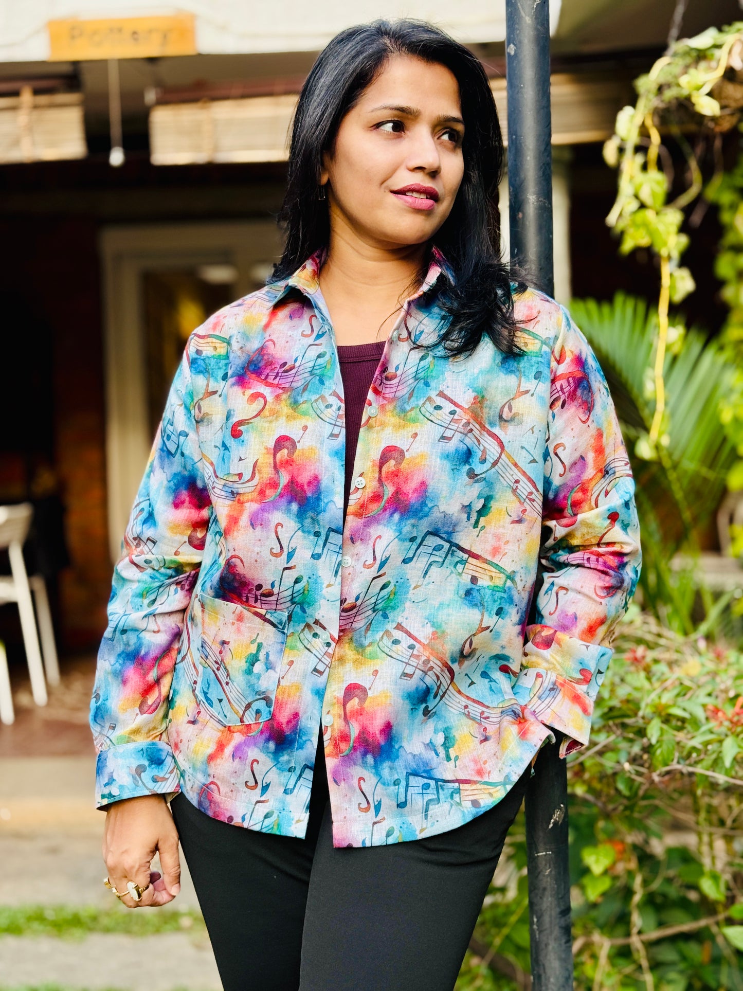Women’s Blue & Pink 100% Linen Cotton Shirt - Music-Hues Print