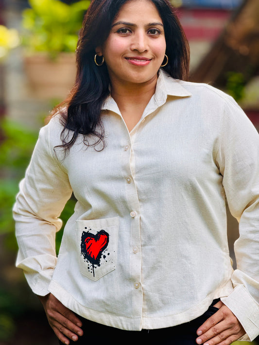 Women’s Beige 100% Khadi Cotton Striped Shirt