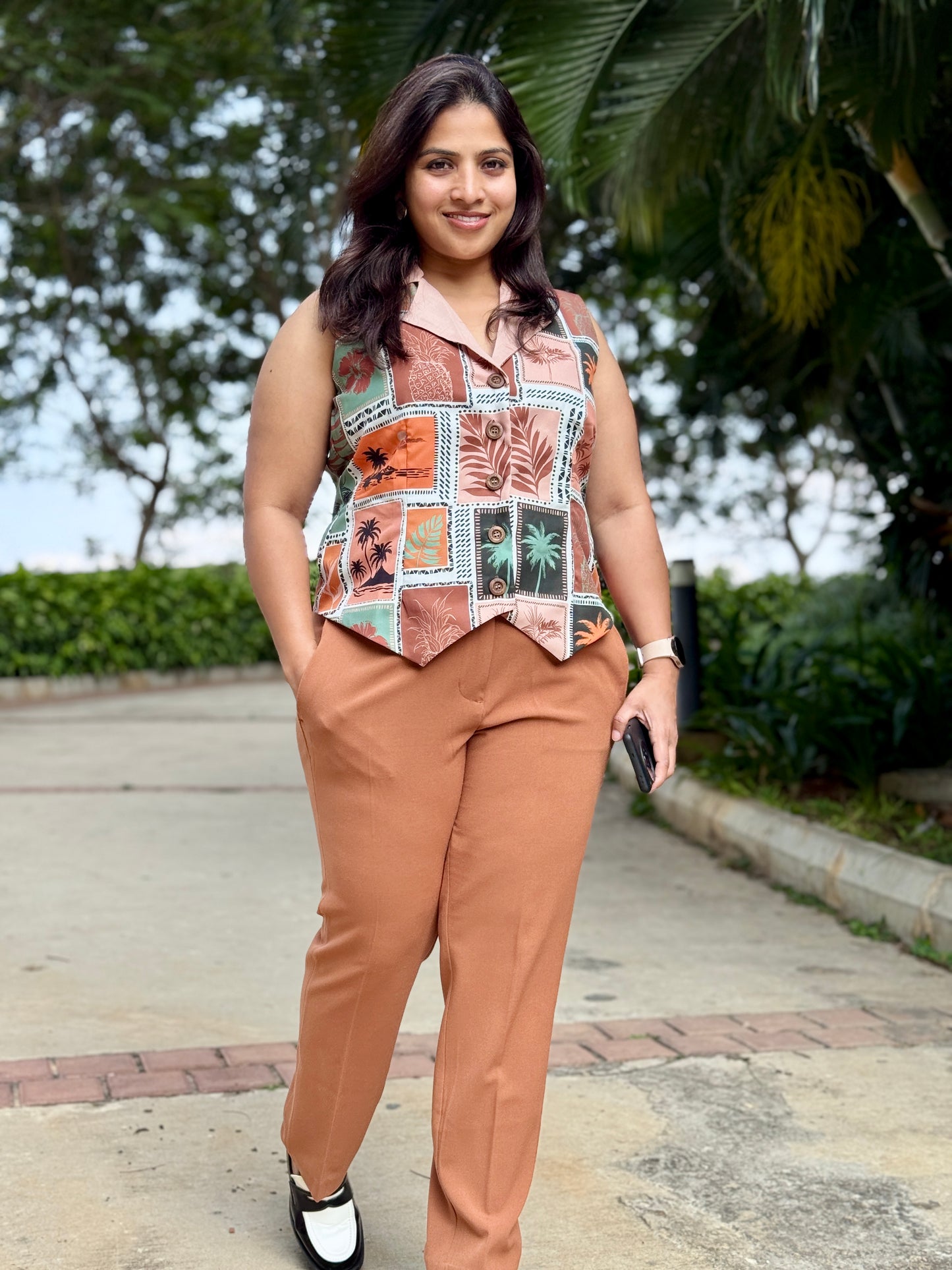 Women’s Brown,Green & Orange Waistcoat – Crepe Vest with Tropical Print