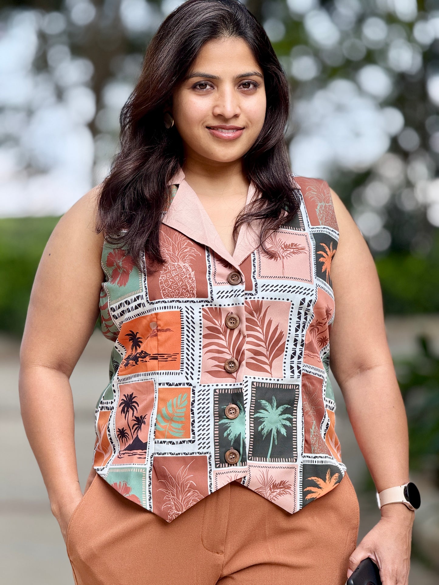 Women’s Brown,Green & Orange Waistcoat – Crepe Vest with Tropical Print