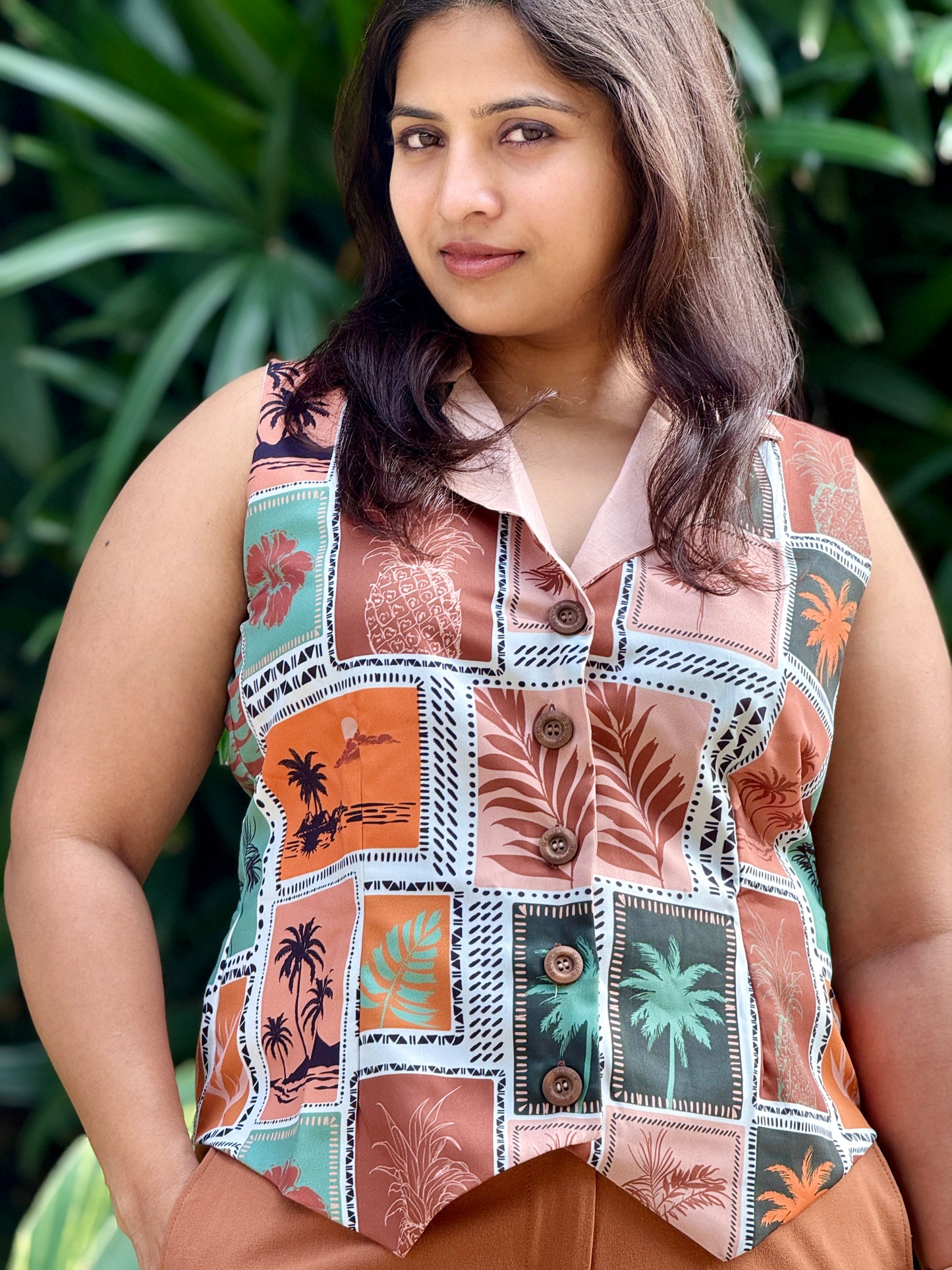 Women’s Brown,Green & Orange Waistcoat – Crepe Vest with Tropical Print