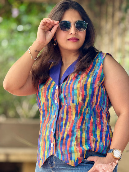 Women’s Multicolour Waistcoat – Muslin Vest with Abstract Digital Print