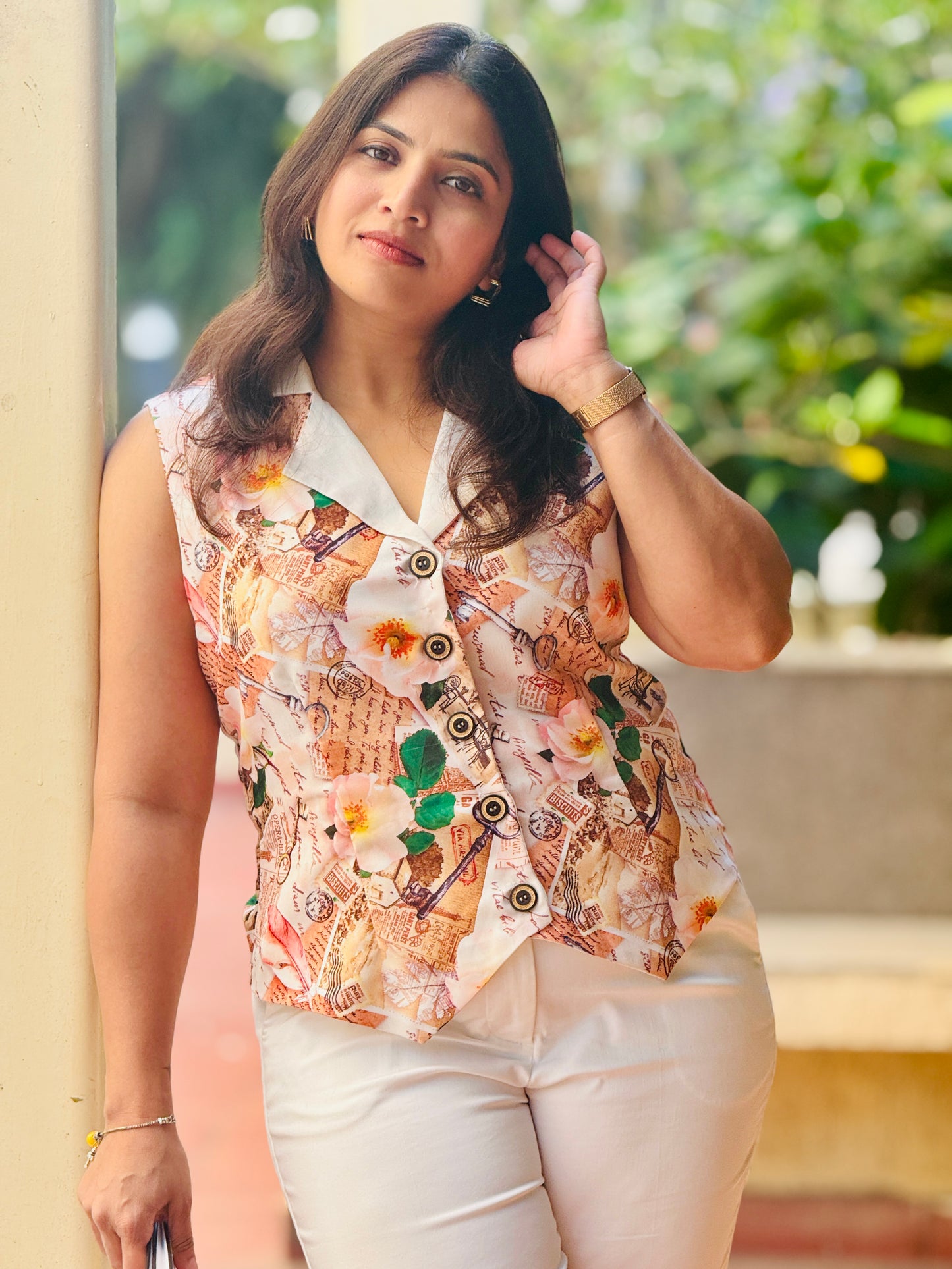 Women’s Brown & Baby Pink Waistcoat – Rayon Vest with Newspaper Pattern Digital Print