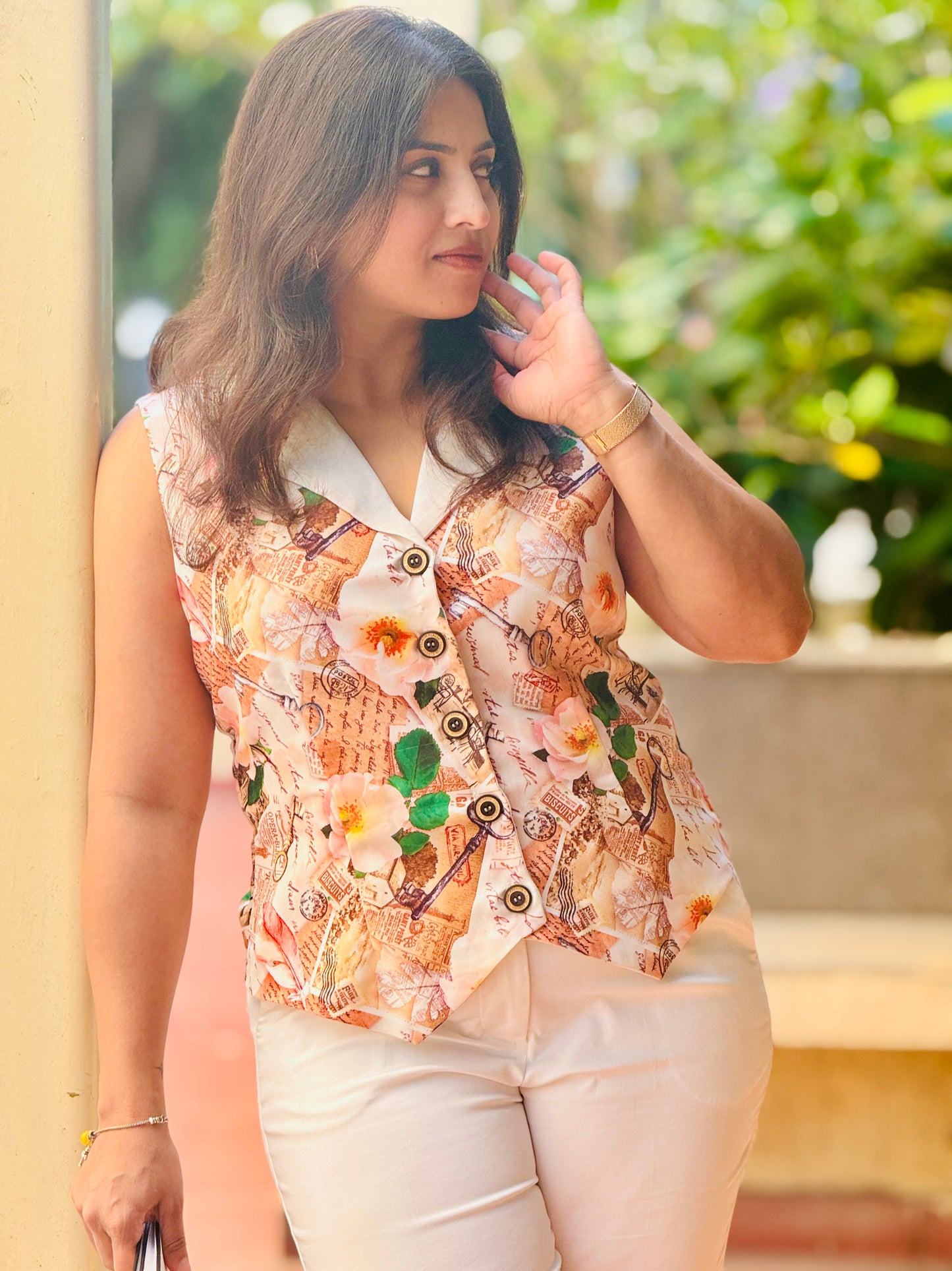 Women’s Brown & Baby Pink Waistcoat – Rayon Vest with Newspaper Pattern Digital Print