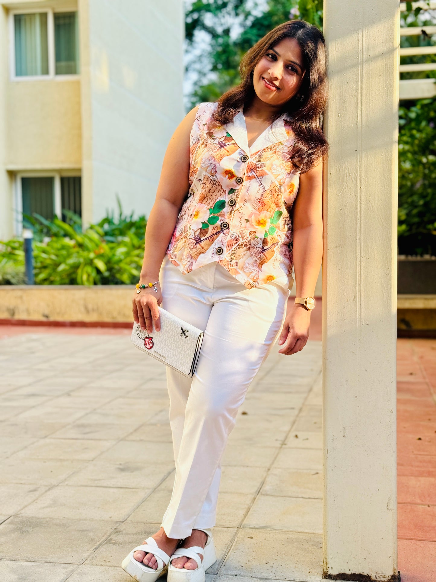 Women’s Brown & Baby Pink Waistcoat – Rayon Vest with Newspaper Pattern Digital Print