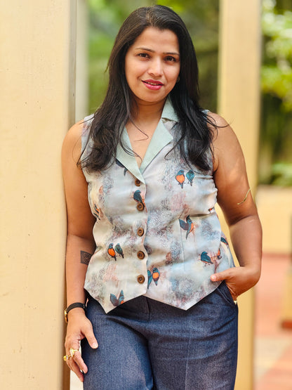 Women’s Blue & Green Waistcoat – Premium Georgette with Birds Print
