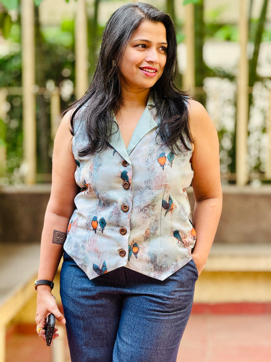 Women’s Blue & Green Waistcoat – Premium Georgette with Birds Print