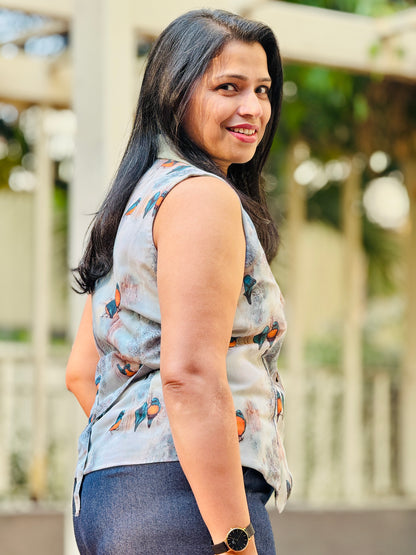 Women’s Blue & Green Waistcoat – Premium Georgette with Birds Print