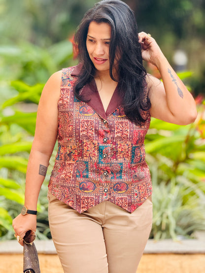 Women’s Maroon & Green Waistcoat – Crepe Vest with Pichwai Print