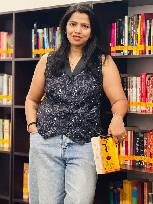 Women’s Black Waistcoat – Crepe Vest with Abstract Spiral Prints