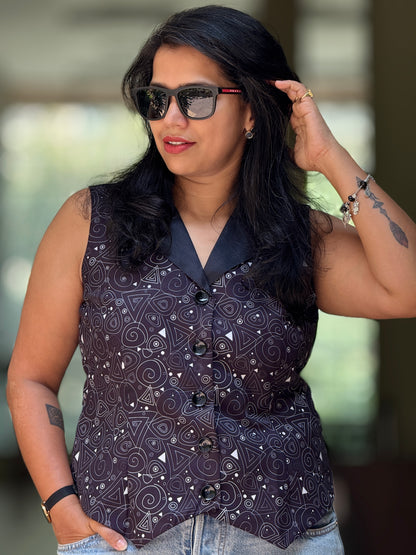 Women’s Black Waistcoat – Crepe Vest with Abstract Spiral Prints