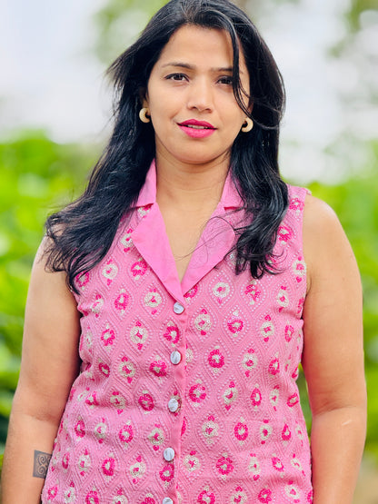 Women’s Pink & White Waistcoat – Premium Cotton Vest with Thread and Patterned Work