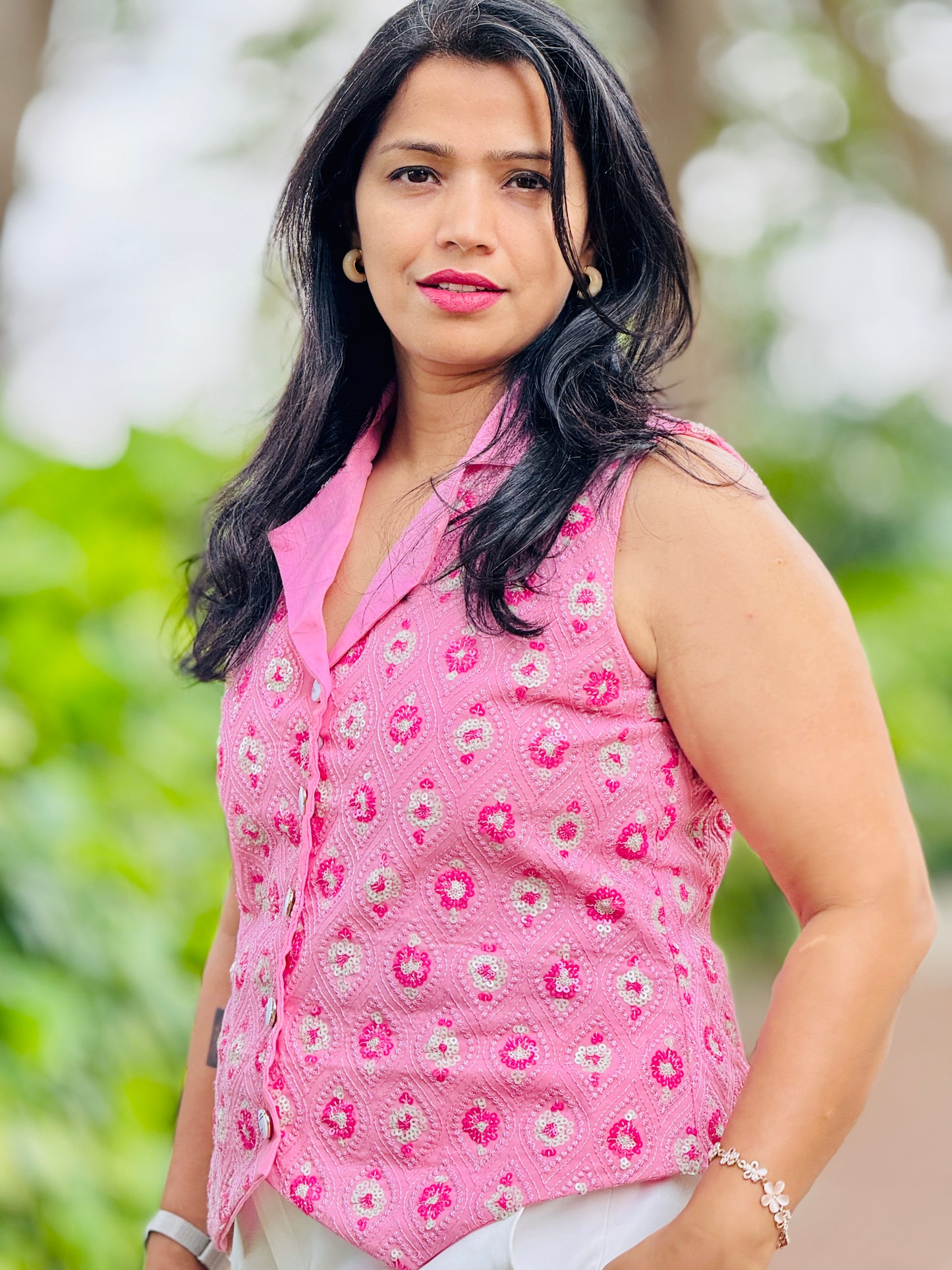 Women’s Pink & White Waistcoat – Premium Cotton Vest with Thread and Patterned Work