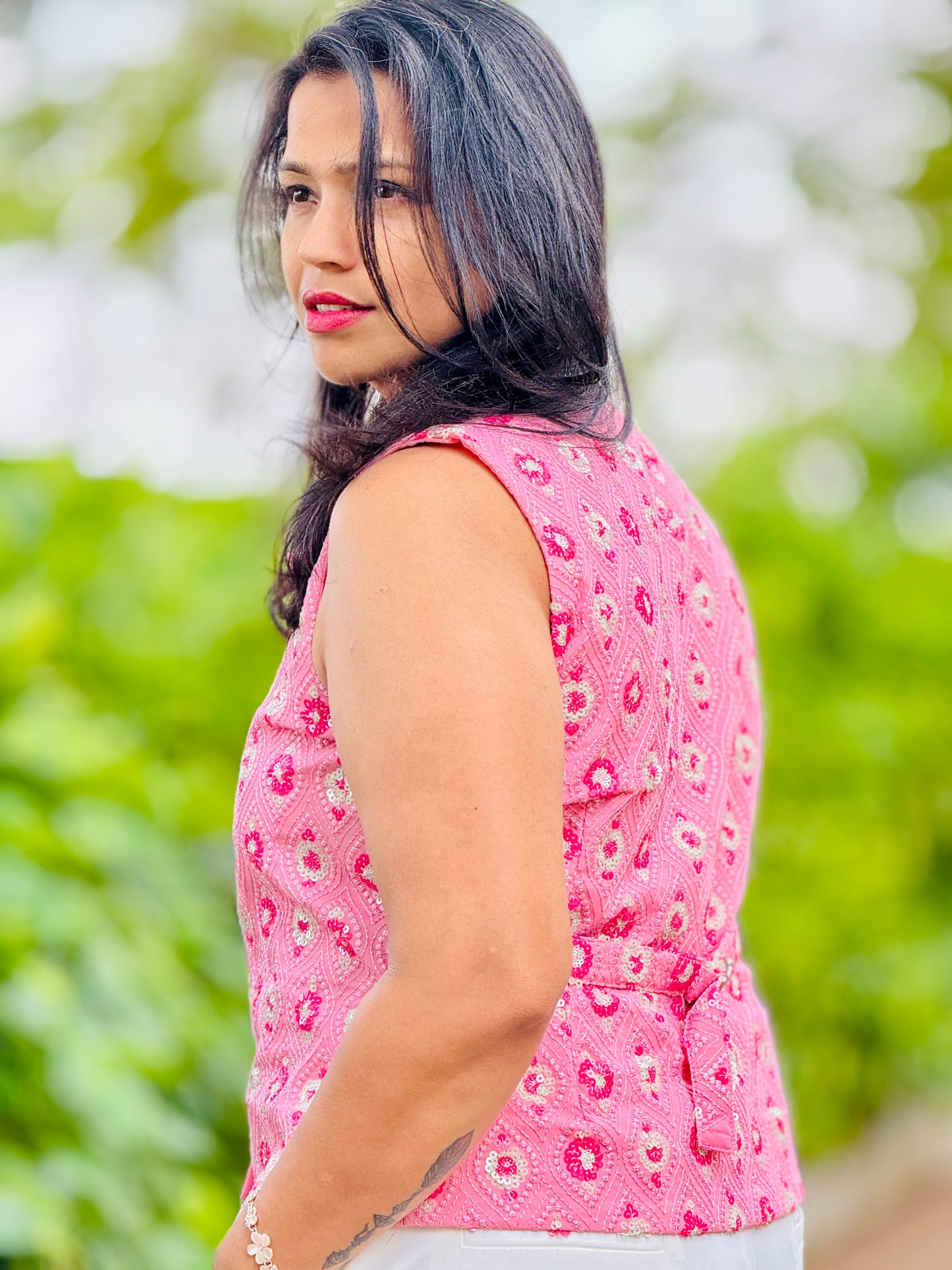 Women’s Pink & White Waistcoat – Premium Cotton Vest with Thread and Patterned Work