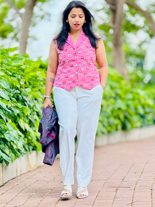 Women’s Pink & White Waistcoat – Premium Cotton Vest with Thread and Patterned Work