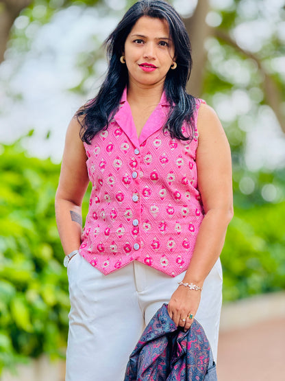 Women’s Pink & White Waistcoat – Premium Cotton Vest with Thread and Patterned Work