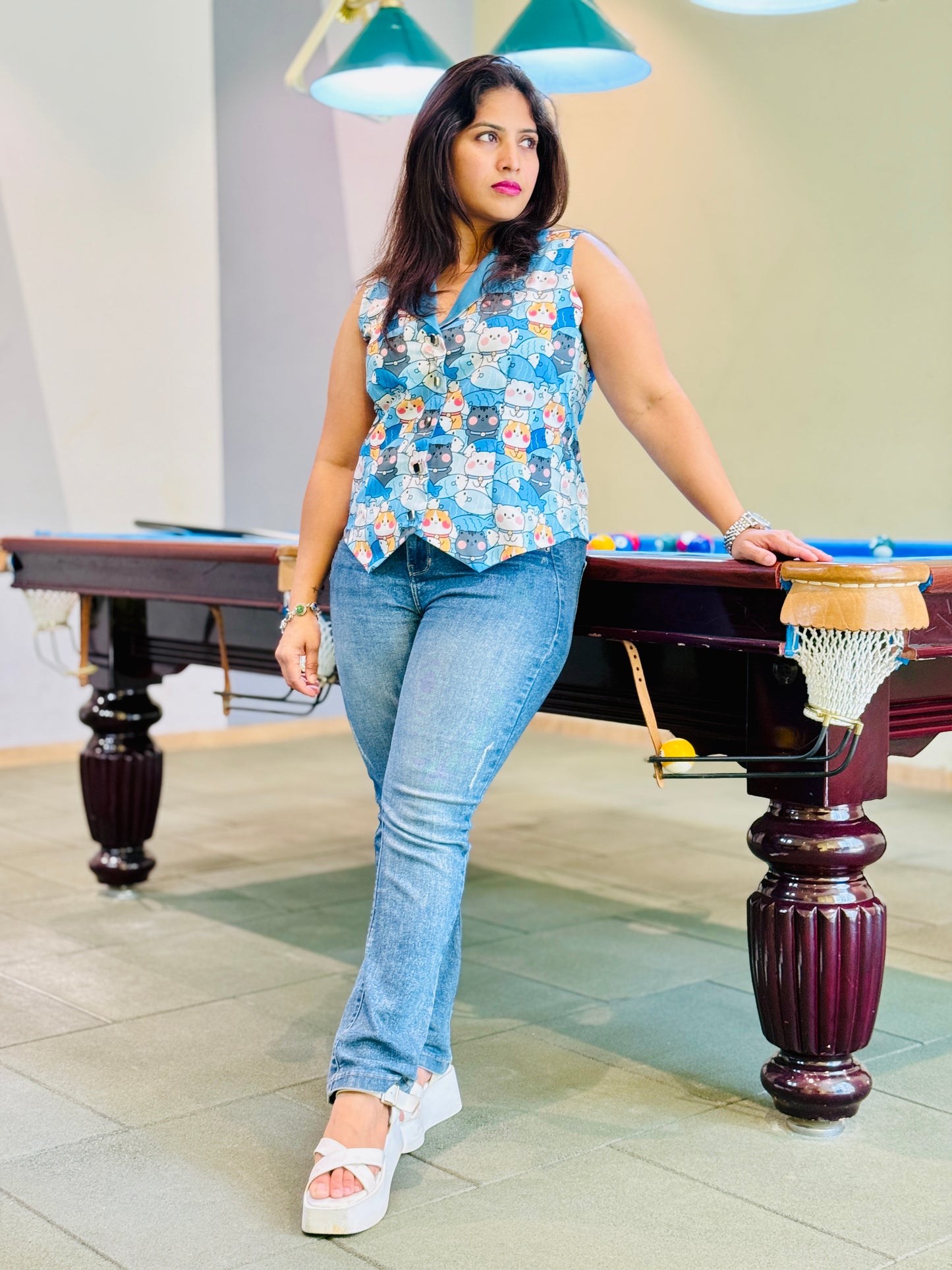 Women’s Blue & Pink Waistcoat – Crepe Vest with Cat & Fish Print