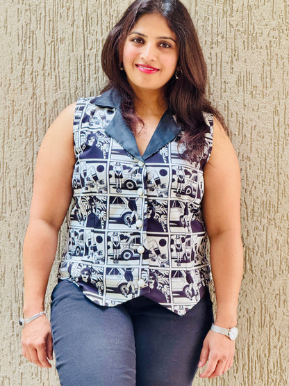 Women’s Black & White Waistcoat – Crepe Vest with Trippy Prints