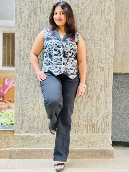 Women’s Black & White Waistcoat – Crepe Vest with Trippy Prints