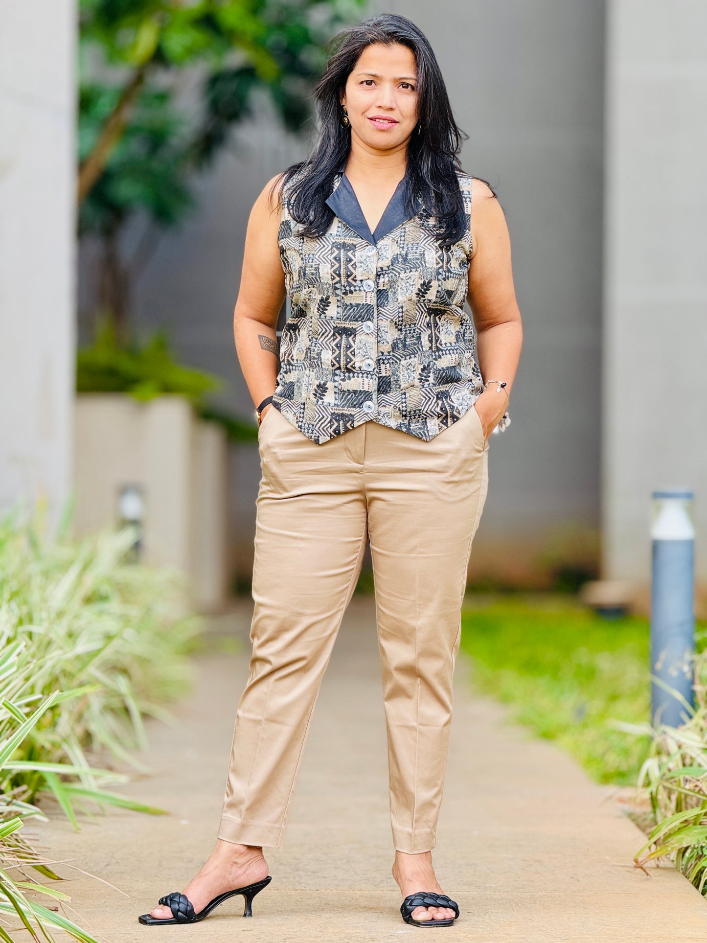 Women’s Black Waistcoat – Premium Cotton Blend with Abstract Prints