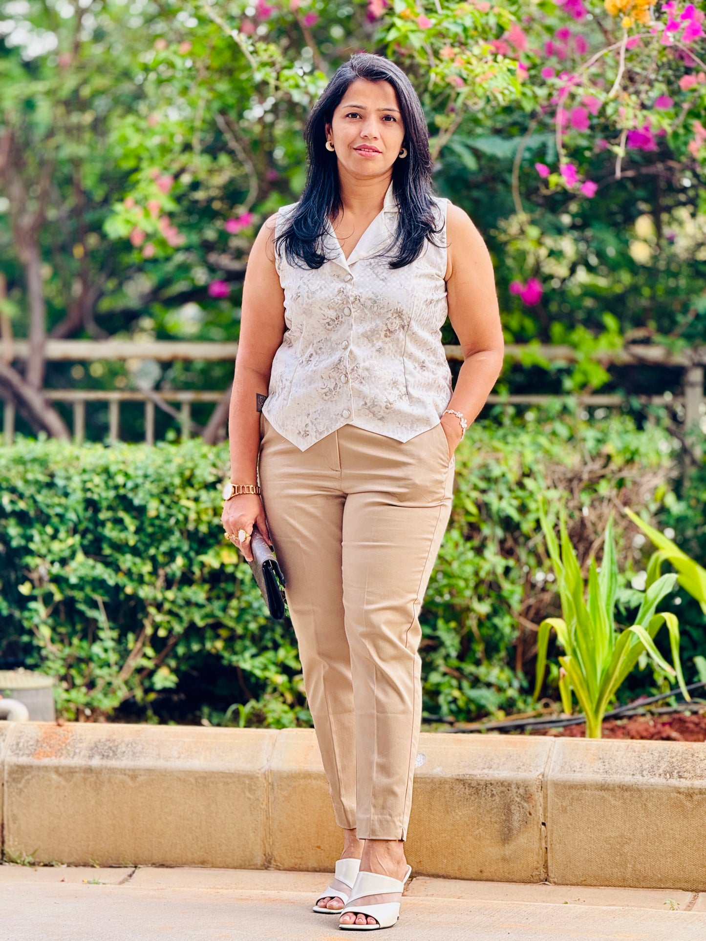 Women’s Cream & Grey Waistcoat – Premium Cotton Blend with Checkered Patterns