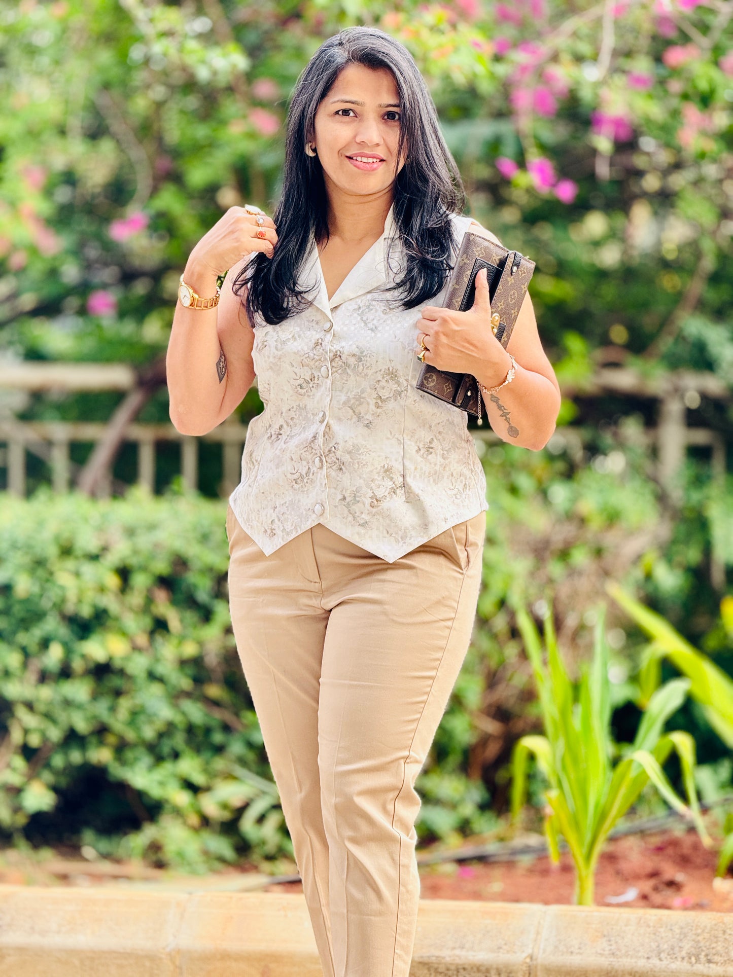 Women’s Cream & Grey Waistcoat – Premium Cotton Blend with Checkered Patterns