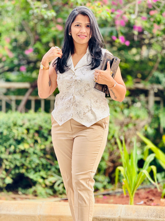 Women’s Cream & Grey Waistcoat – Premium Cotton Blend with Checkered Patterns