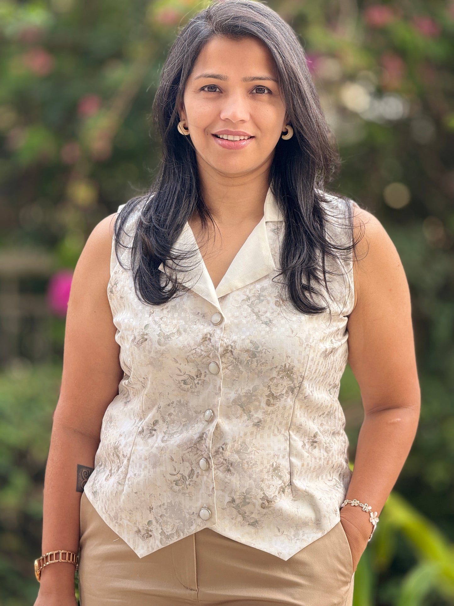 Women’s Cream & Grey Waistcoat – Premium Cotton Blend with Checkered Patterns