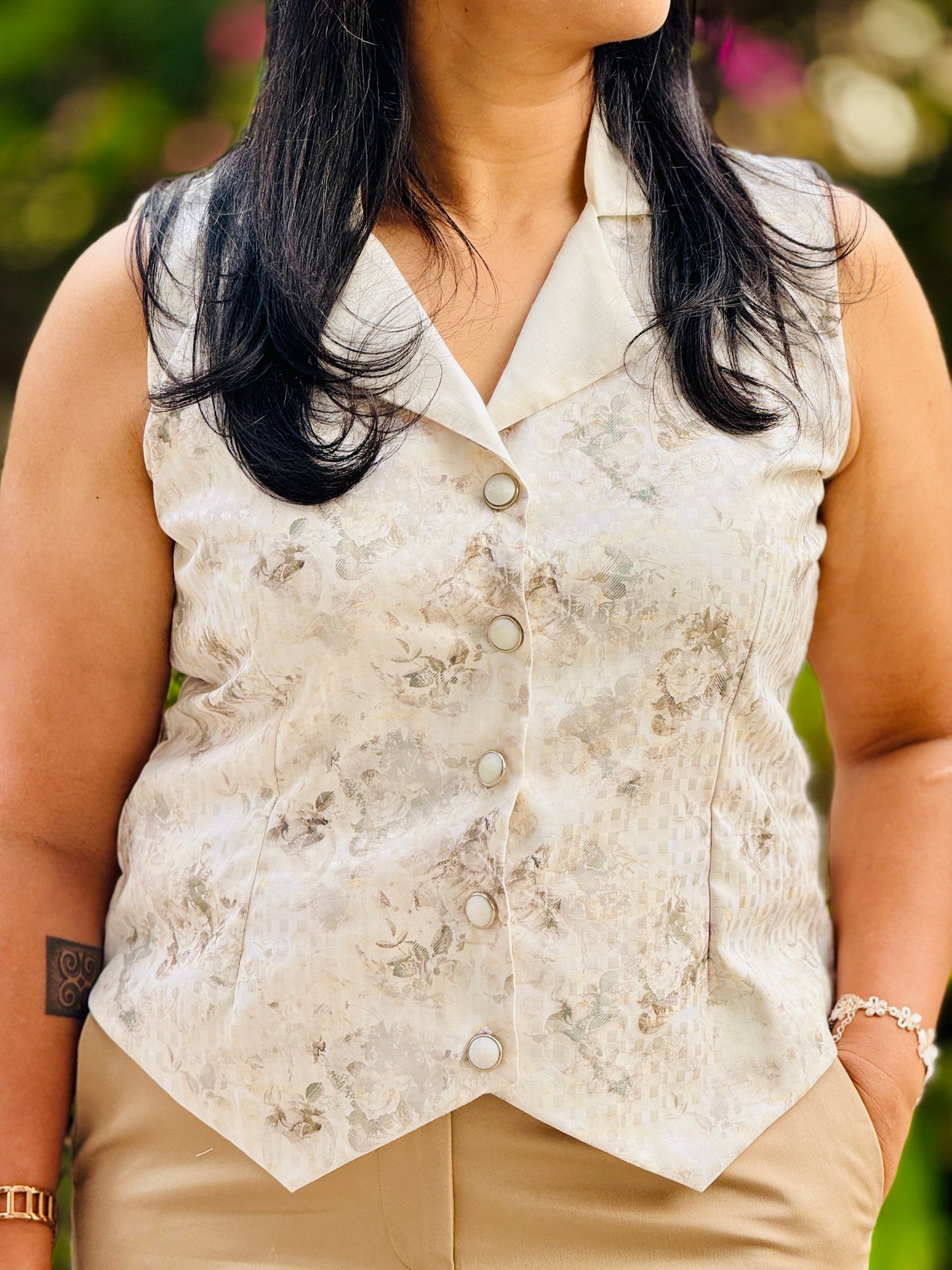 Women’s Cream & Grey Waistcoat – Premium Cotton Blend with Checkered Patterns