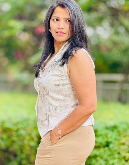 Women’s Cream & Grey Waistcoat – Premium Cotton Blend with Checkered Patterns