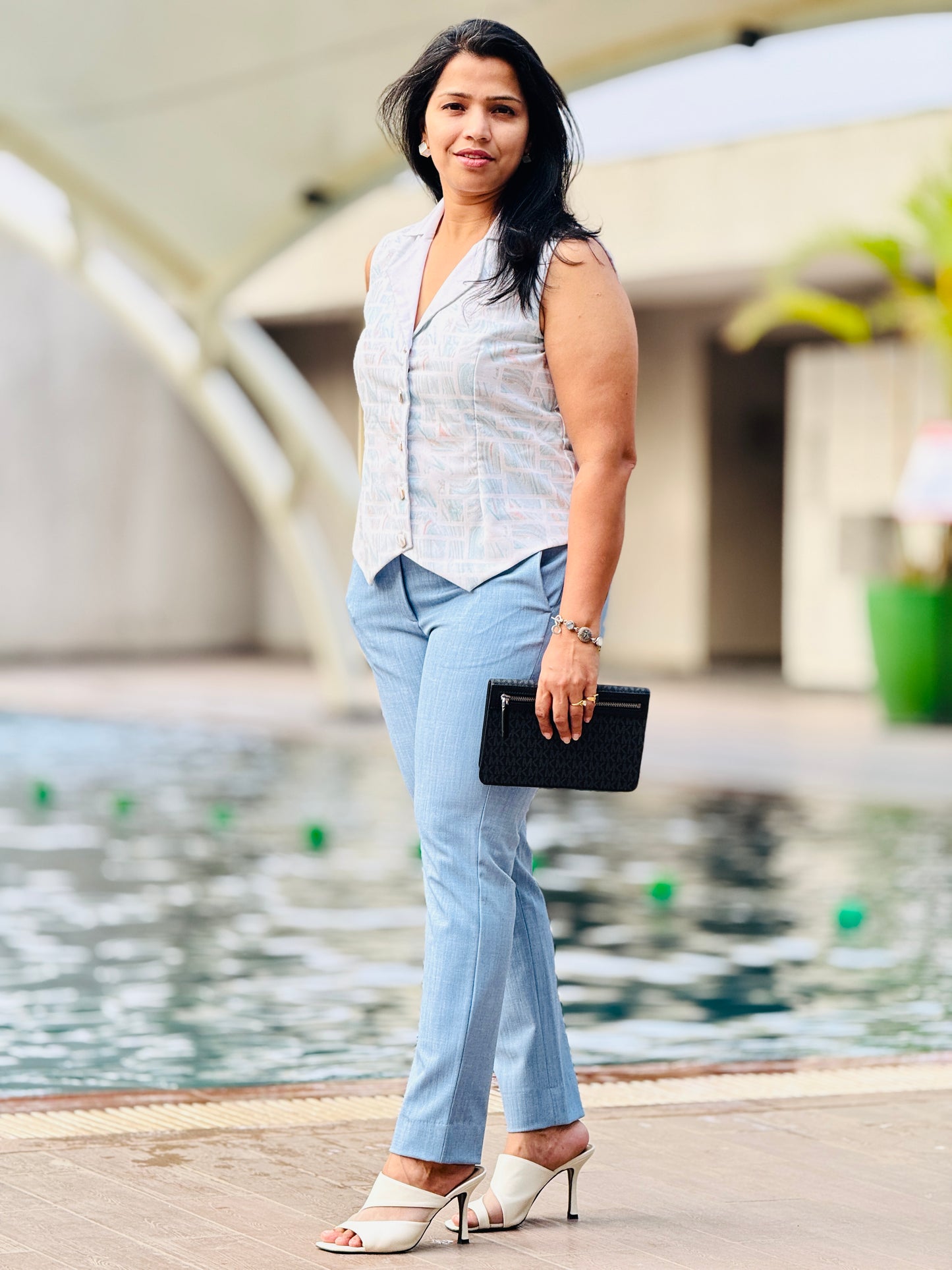 Women’s Cool Blue & White Waistcoat – Premium Cotton Blend with Brick Pattern