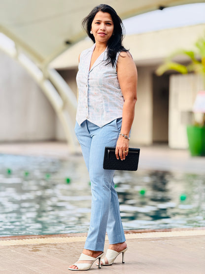 Women’s Cool Blue & White Waistcoat – Premium Cotton Blend with Brick Pattern