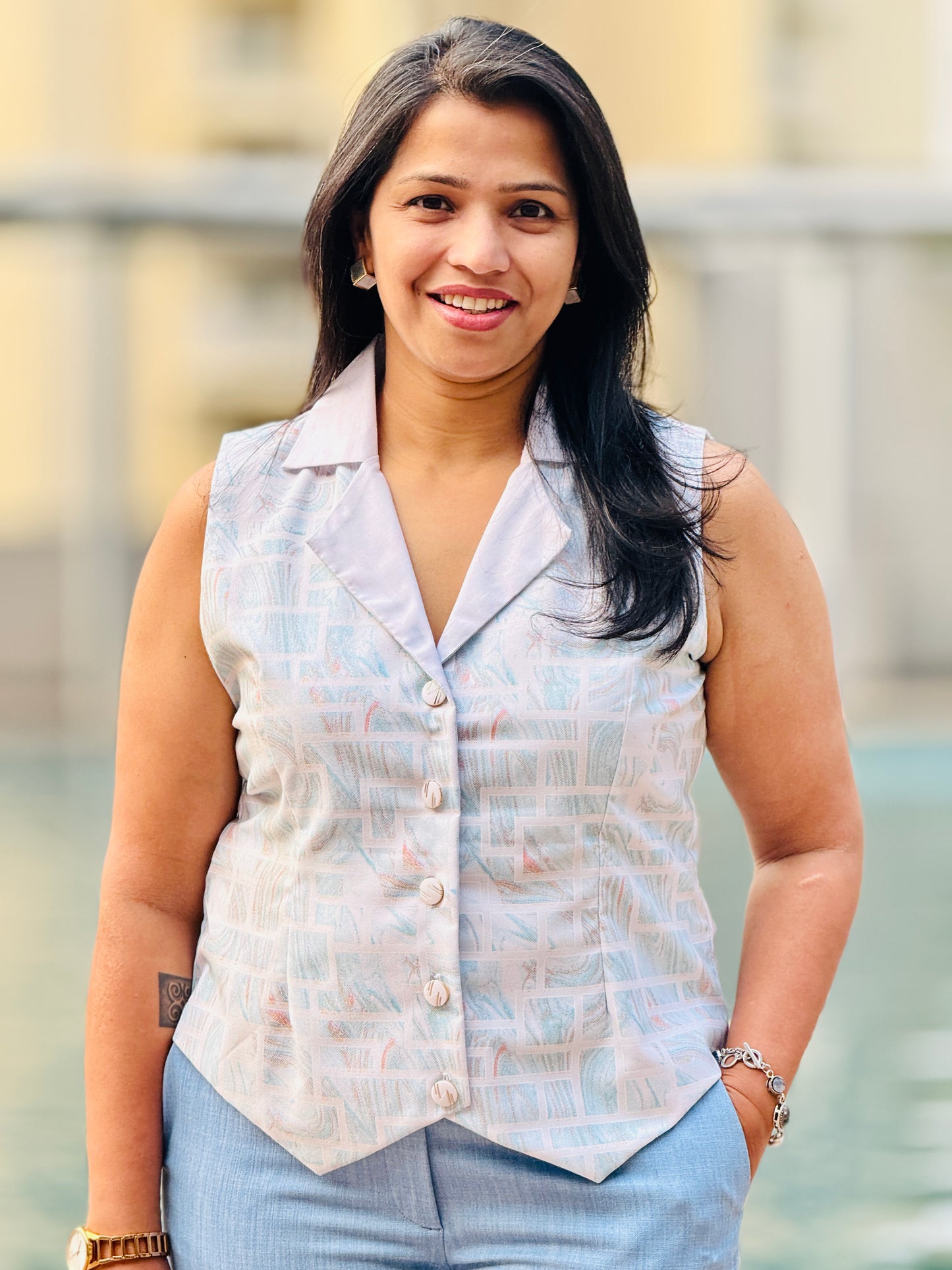 Women’s Cool Blue & White Waistcoat – Premium Cotton Blend with Brick Pattern