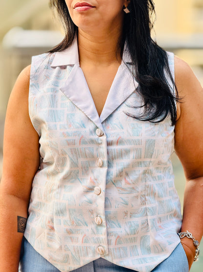 Women’s Cool Blue & White Waistcoat – Premium Cotton Blend with Brick Pattern