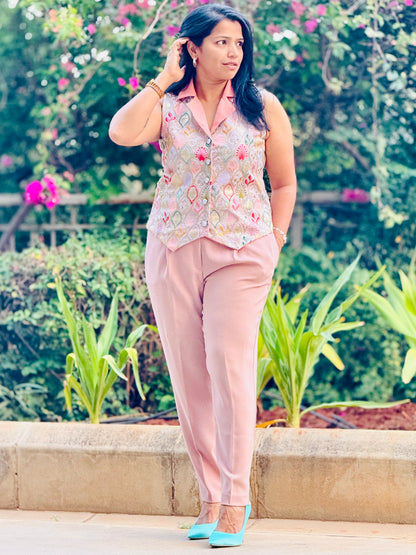 Women’s Peach & Pink Waistcoat – Bangalori Silk Vest with Thread & Chips Work