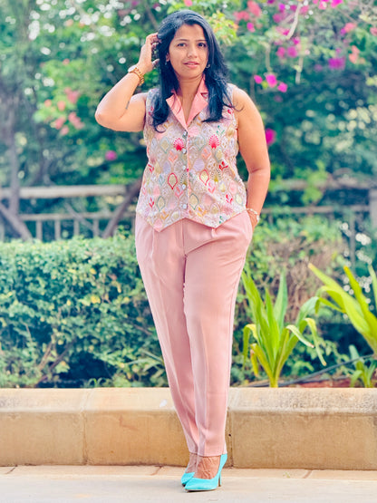 Women’s Peach & Pink Waistcoat – Bangalori Silk Vest with Thread & Chips Work
